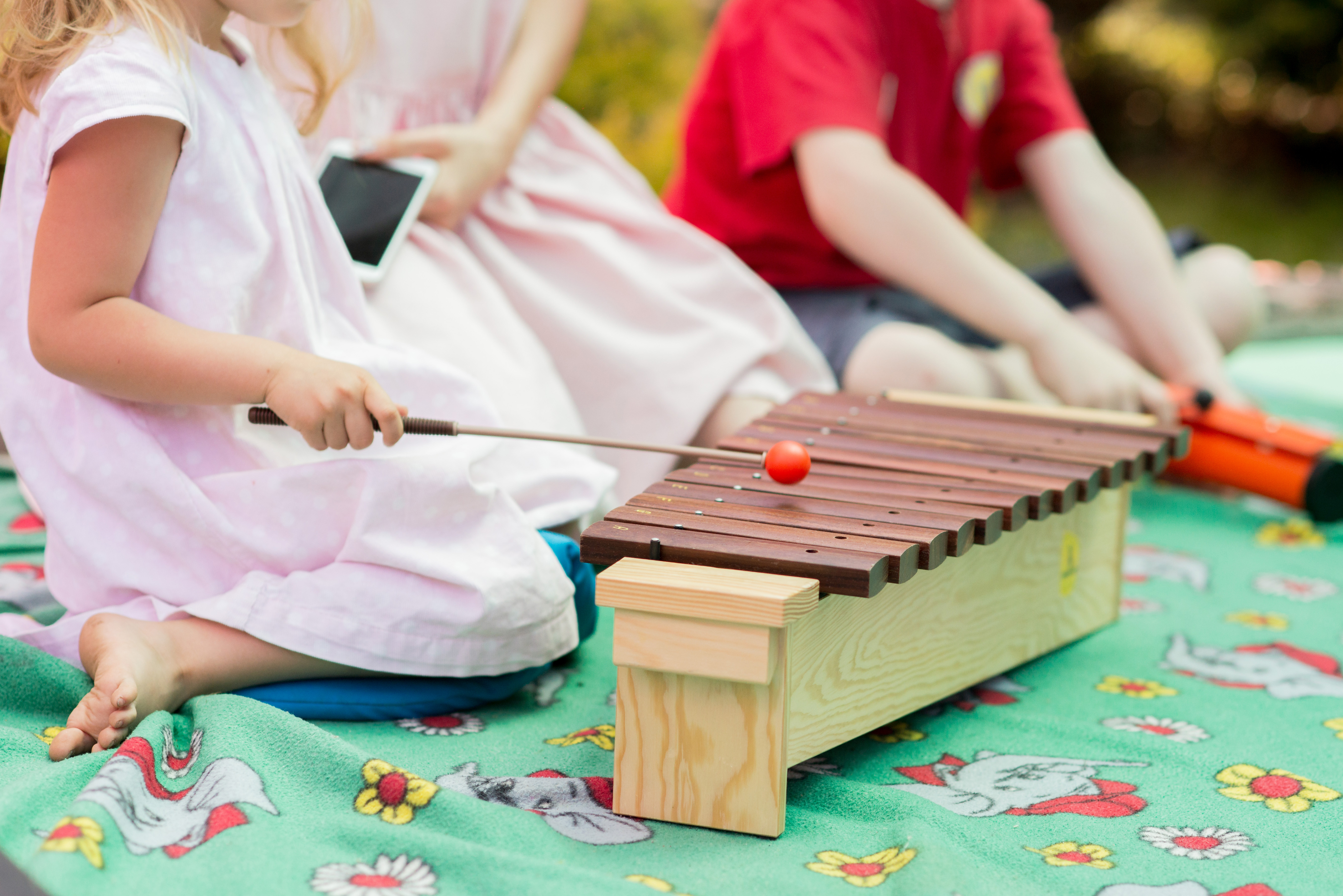 Baby girl playing a musical instrument xylophone
